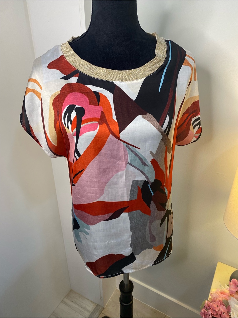 Abstract Floral Short Sleeve Blouse in Multi Color